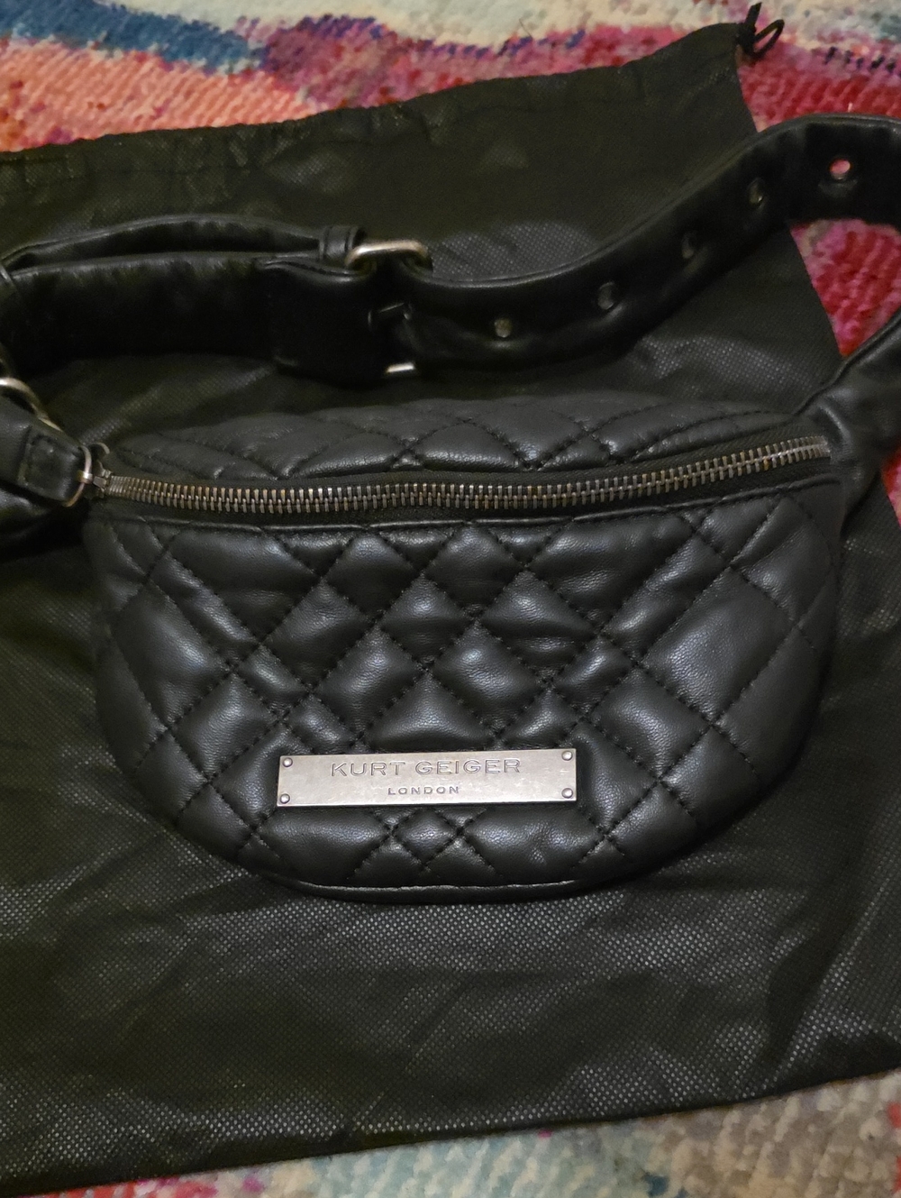 Kurt Geiger Black Quilted Leather Belt Bag with Silver Hardware